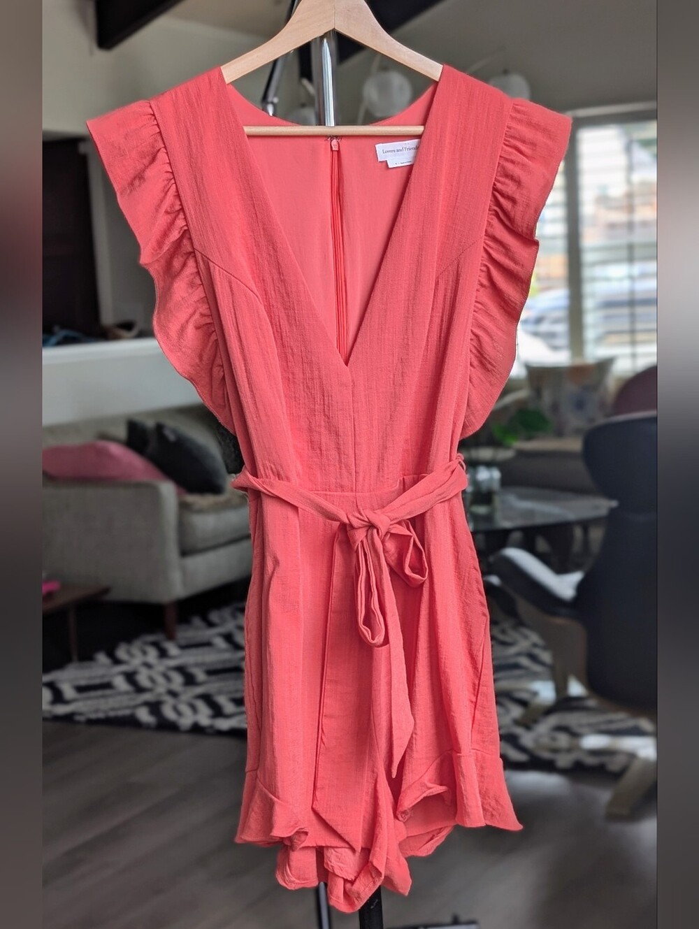 Lovers + Friends Coral Ruffle V-Neck Linen Blend Romper Size Medium
